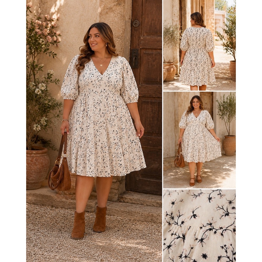 Universal Thread Cream Floral V-Neck Puff Sleeve Tiered Midi Dress XL